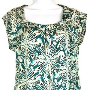 Ann Taylor Outlet Blouse Top Small Teal Black Ruched Neck Cap Sleeve Career